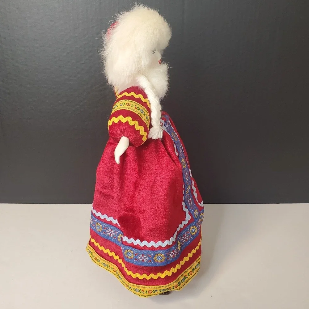 Russian Folk Costume Doll Porcelain Face Hands Feet Red Velvet Dress Fur Hat 16